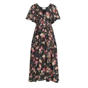 Tanya Taylor Bria‎ Collaged Geranium Floral Print Faux Wrap Midi Dress Size 10